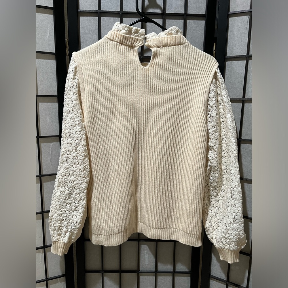 HARPER MAES Cream Floral Lace Sleeve Sweater WOMEN SIZE M - Picture 7 of 12